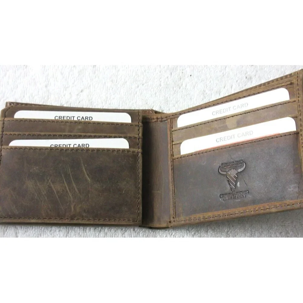 American Bison Men's Buffalo Nickel Concho Bifold Brown Leather Wallet NIB